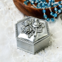 Three Roses Hexagon Rosary Box – 2.5" Silver Metal, Made in Portugal