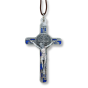 St Benedict Crucifix Pendant (Blue Enamel Geometric Inlay) – 3 1/8" Silver Oxidized with 32" Cord, Made in Italy * (Minimum quantity purchase is 1)