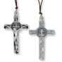 St Benedict Crucifix Pendant (Black Enamel Geometric Inlay) – 3 1/8" Silver Oxidized with 32" Cord, Made in Italy * (Minimum quantity purchase is 1)