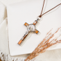 St Benedict Olivewood Inlay Crucifix Pendant – 3 1/8" Silver Oxidized with Brown Cord, Made in Italy  * (Minimum quantity purchase is 1)