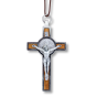 St Benedict Olivewood Inlay Crucifix Pendant – 3 1/8" Silver Oxidized with Brown Cord, Made in Italy  * (Minimum quantity purchase is 1)