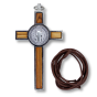 St Benedict Olivewood Inlay Crucifix Pendant – 3 1/8" Silver Oxidized with Brown Cord, Made in Italy  * (Minimum quantity purchase is 1)