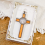 St Benedict Olivewood Inlay Crucifix Pendant – 3 1/8" Silver Oxidized with Brown Cord, Made in Italy  * (Minimum quantity purchase is 1)