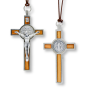 St Benedict Olivewood Inlay Crucifix Pendant – 3 1/8" Silver Oxidized with Brown Cord, Made in Italy  * (Minimum quantity purchase is 1)