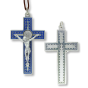 St Benedict Blue Enamel Crucifix Pendant (Filigree Design) – 3" Silver Oxidized with 24" Brown Cord, Made in Italy  (Minimum quantity purchase is 1)