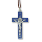 St Benedict Blue Enamel Crucifix Pendant (Filigree Design) – 3" Silver Oxidized with 24" Brown Cord, Made in Italy  (Minimum quantity purchase is 1)