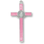 St Benedict 8" Metal Wall Crucifix - Pink Enamel, Silver Ox   (Minimum quantity purchase is 1) 