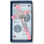 St Benedict 8" Metal Wall Crucifix - Pink Enamel, Silver Ox   (Minimum quantity purchase is 1) 