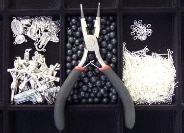   Linked Rosary Kits - Makes 12 Rosaries - Black  with PLIERS  