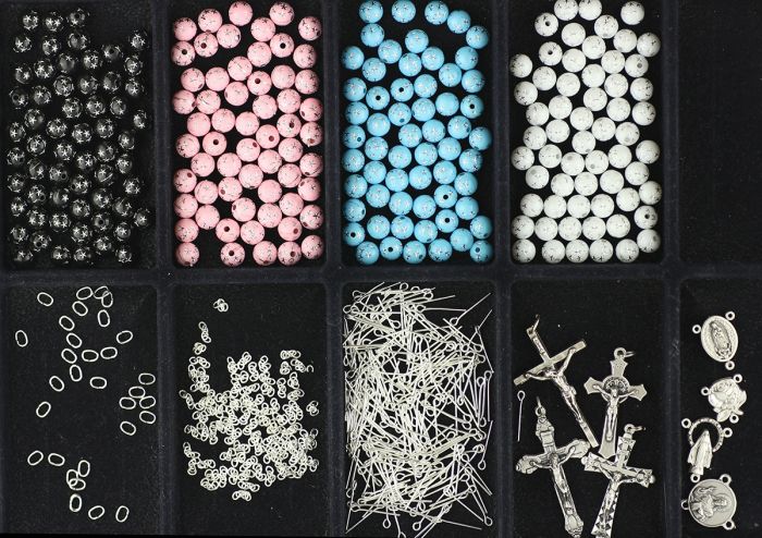 Rosary Kit - 8mm Starred Beads -Makes 4 Rosaries (colors may vary) *  NO PLIERS*  (Minimum quantity purchase is 1)