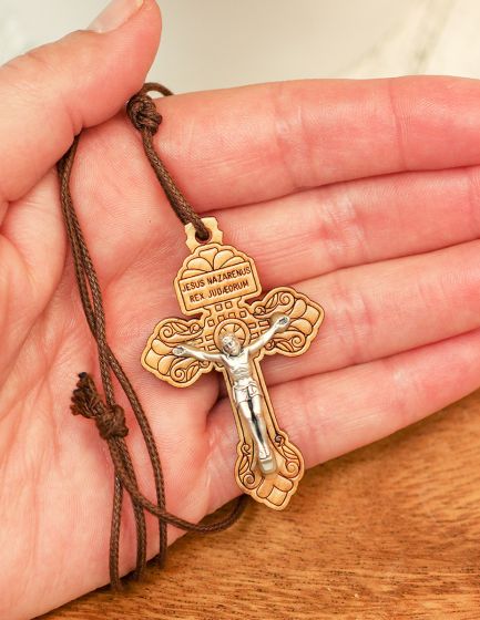 Pardon Crucifix Catholic Indulgence Olivewood Crucifix Pendant with Cord - 2 1/8" (Latin)   (Minimum qty. purchase is 1) 