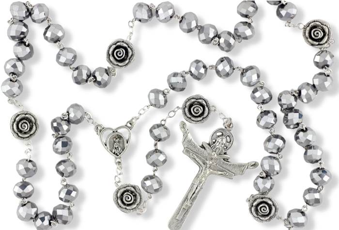 Our Lady of Fatima Rosary with 10 x 8mm Metallic Silver Rondelle Beads and Holy Trinity Crucifix - 21"  (Minimum quantity purchase is 1)