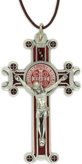 St Benedict Crucifix Pendant (Red Enamel Scroll Design) – 3" Silver Oxidized with 30" Cord, Made in Italy * (Minimum quantity purchase is 1)