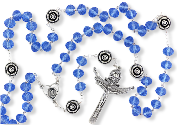 Our Lady of Fatima Rosary with 10 x 8mm Clear Blue Beads and Holy Trinity Crucifix - 21" *  (Minimum quantity purchase is 1)