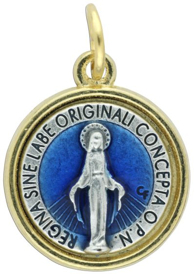  Small Two-Toned w/ Blue Enamel Miraculous Medal  - 3/4 Inch LATIN   (Minimum quantity purchase is 1)