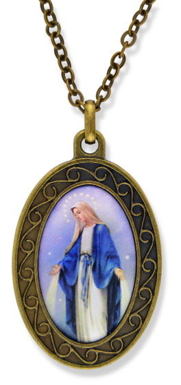  Our Lady of Grace Large Necklace/ Car Mirror Pendant - Bronze Finish 1 7/8" Color Medal with 22" Chain - Closeout Sale * (Minimum quantity purchase is 1)