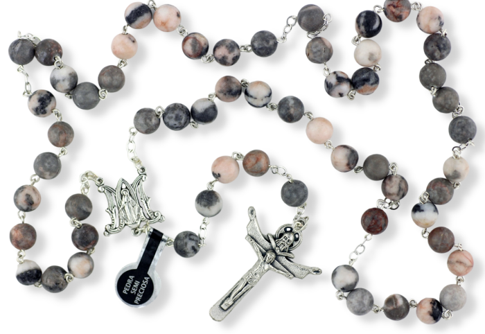  Rosary with 8mm Semi Precious Pink Zebra Jasper Beads and Miraculous Medal Center - 20 3/4"    (Minimum quantity purchase is 1)