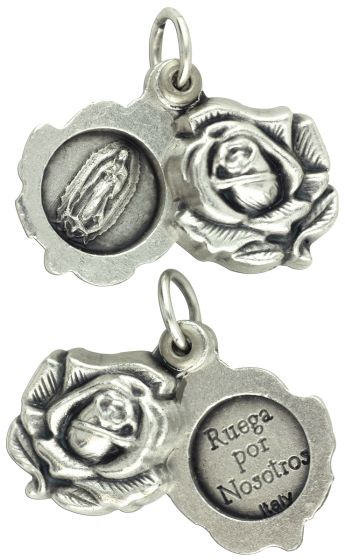 3/4" Our Lady of Guadalupe Rose Locket Style Medal - Silver Ox  - Closeout Sale *   (Minimum quantity purchase is 3)