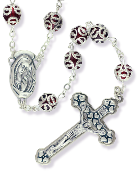  Double Capped Bead Rosary with 9mm Red (July) Glass Beads - 24"  (Minimum quantity purchase is 1)