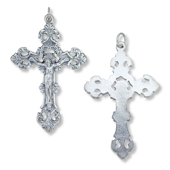 Fleur-de-Lis Loreto Crucifix - 2-1/4", Silver Ox   (Minimum quantity purchase is 1)