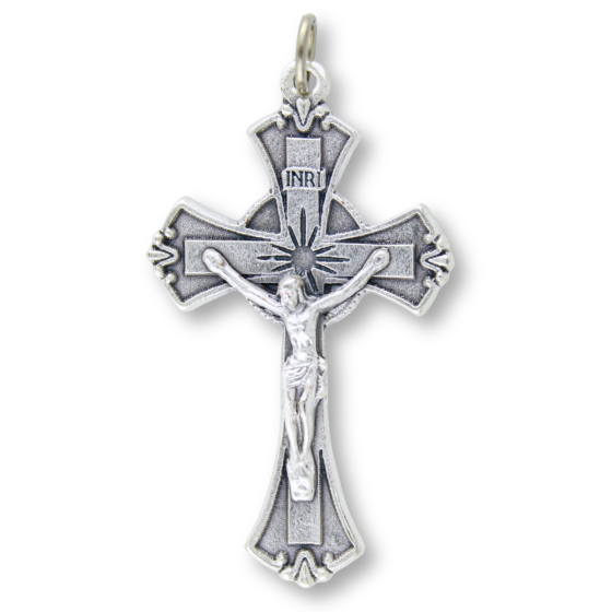 Flared Radiant Double Border Crucifix – 1-7/8", Silver Ox    (Minimum quantity purchase is 1)