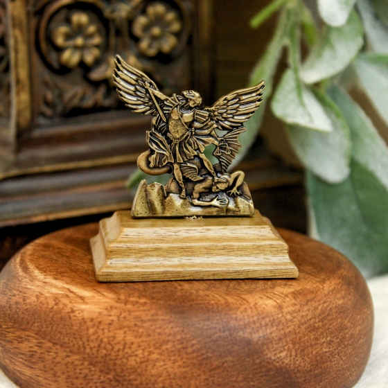 St Michael Table Top Icon, Antique Gold on Wood Base - 2.75"  (Minimum Purchase is 1)   