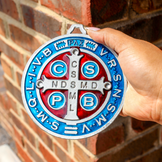 St. Benedict Round Wall / Door Medal with Blue and Red Enamel - 4 3/4"  @ (Minimum quantity purchase is 1)