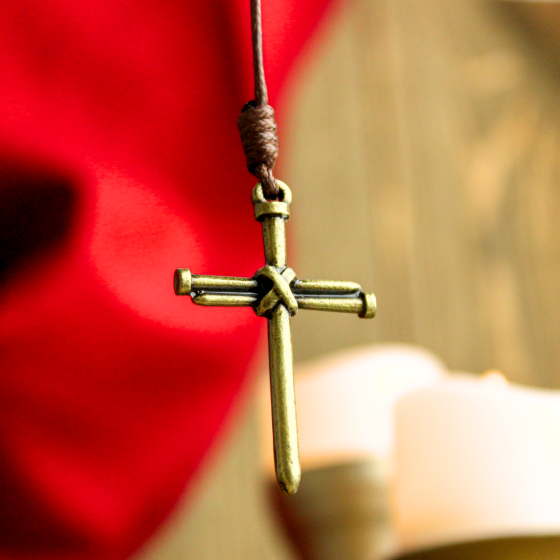 Nail Cross Necklace on Brown Cord, Antique Gold - 32" * (Minimum quantity purchase is 1)