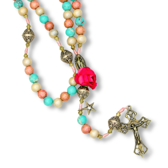 Our Lady of Guadalupe Rosary with 8mm Pink and Teal Beads and Pink Flower - 17" (Minimum quantity purchase is 1)