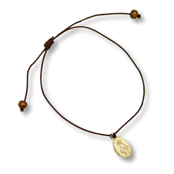 Gold Tone Miraculous Medal Bracelet with 4mm Wooden Beads on Brown Cord * (Minimum quantity purchase is 1)