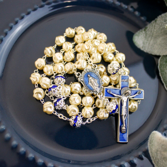 Ivory Rosary w/ Blue Accented Our Father Beads - 20.25"   (Minimum quantity purchase is 1)