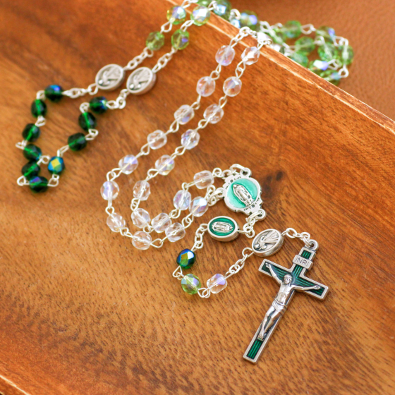 Our Lady of Guadalupe Tri-Color Crystal Bead Rosary - 18.25"  (Minimum quantity purchase is 1) 