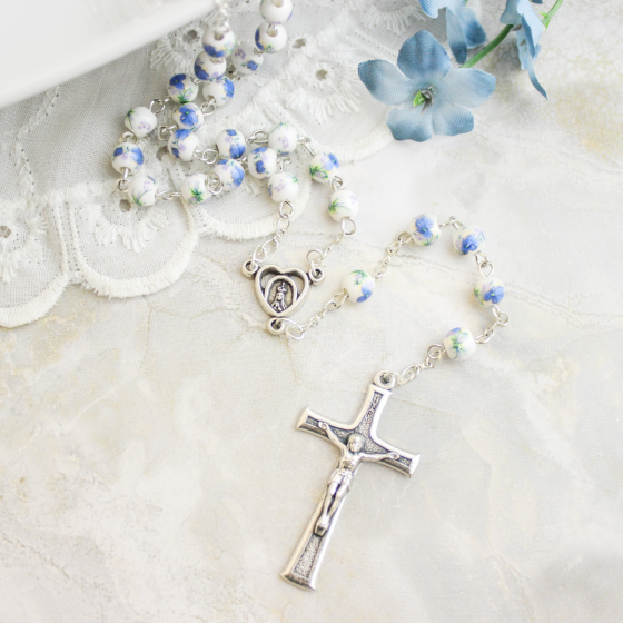 Blue and White 6mm Ceramic Bead Rosary with Our Lady of Fatima Center and Crucifix - 19 1/2"   (Minimum qty. purchase is 1) 