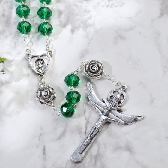 Our Lady of Fatima Rosary with 10 x 8mm Emerald Green Rondelle Beads and Holy Trinity Crucifix - 21" * (Minimum quantity purchase is 1)