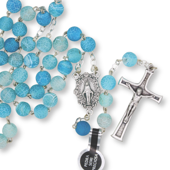 Aqua Crackle Agate 8mm Bead Rosary with Miraculous Medal Centerpiece – Silver Tone, 20"  (Minimum quantity purchase is 1)