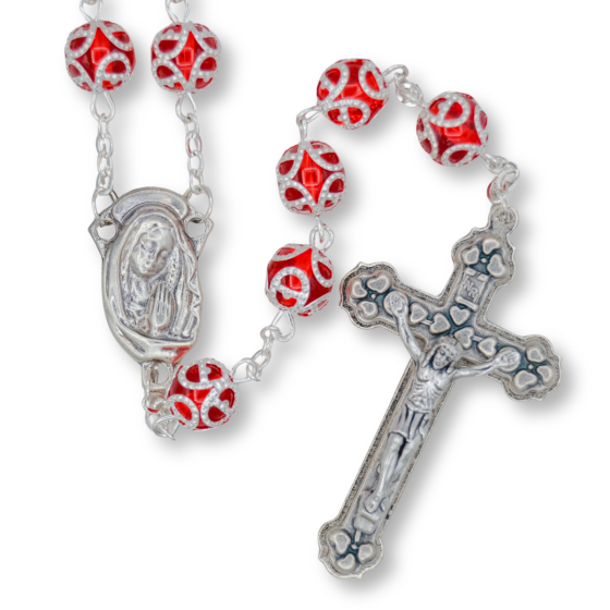  Double Capped Bead Rosary with 9mm Red (July) Glass Beads - 24" *  (Minimum quantity purchase is 1)