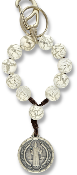  St Benedict Seal Decade Key Chain and Clip with White Crackle Beads - 6"   (Minimum quantity purchase is 1)