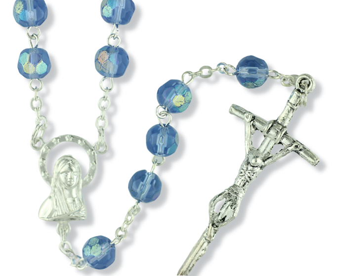 AB Blue / March 7mm Glass Bead Rosary - 20 1/2"   (Minimum quantity purchase is 1)