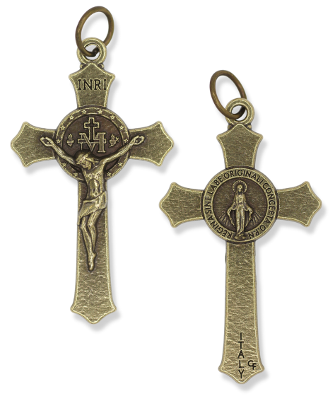  Miraculous Medal Flared Edge Crucifix - 1 1/2" Bronze, Made in Italy  *   (Minimum quantity purchase is 2)