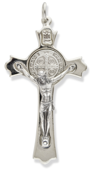 St Benedict Flared Edge Crucifix Pendant -3-1/16" (0.48 cm Thick) Silver Finish, Made in Italy  * (Minimum quantity purchase is 1)