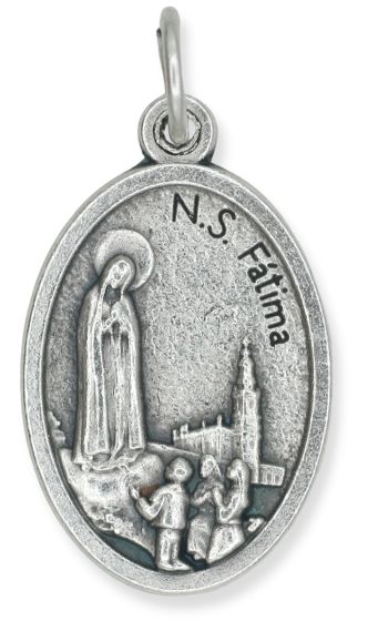 Our Lady of Fatima Medal/Sacred Heart- Silver Oxidized Die Cast - 1"  Made In Italy  (Minimum quantity purchase is 3)