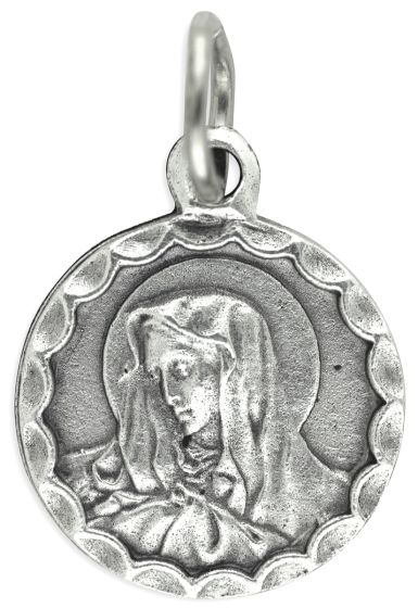 Our Lady of Sorrows Scalloped Border - 5/8" Round Silver Oxidized, Made in Italy  * (Minimum quantity purchase is 2)