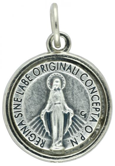   Small Round Silver Miraculous Medal - 3/4" LATIN   (Minimum quantity purchase is 1)