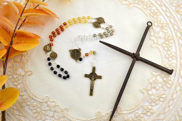  St Benedict Multi-Color Crystal Bead Rosary 