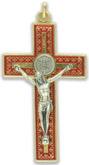 St. Benedict Straight Edge Baroque Inspired Crucifix - 3-1/8", Two-Tone & Red Enamel   (Minimum quantity purchase is 1)