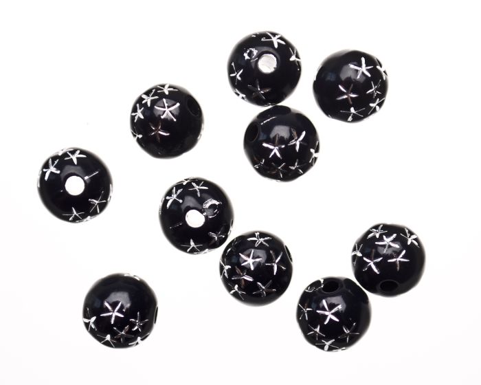 Black Star Spangled Plastic Beads, 8 mm round- 60 beads   (Minimum quantity purchase is 1)