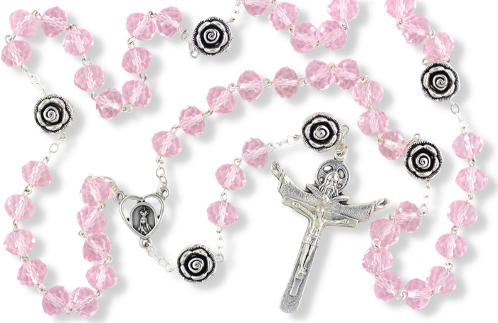 Our Lady of Fatima Rosary with 10 x 8mm Clear Pink Rondelle Beads and Holy Trinity Crucifix - 21"  (Minimum quantity purchase is 1)   