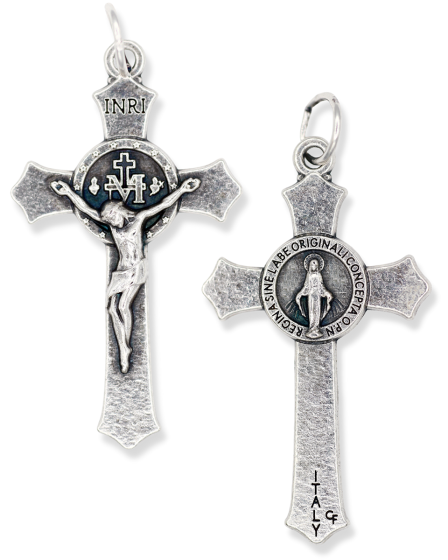 Miraculous Medal Flared Edge Crucifix - 1.5" Silver Oxidized, Made in Italy *  (Minimum quantity purchase is 2)