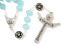 Our Lady of Fatima Rosary with 10 x 8mm Frosty Blue Rondelle Beads and Holy Trinity Crucifix - 21"  