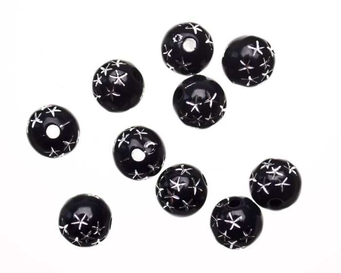 Black Star Spangled Plastic Beads, 8 mm round- 60 beads (Minimum quantity purchase is 5)